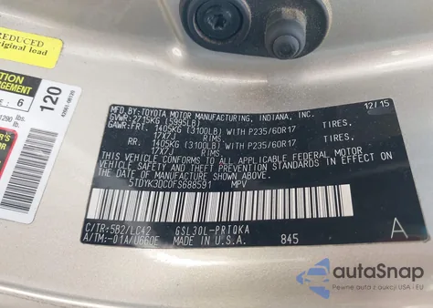 2015 Toyota Sienna Xle 8 Passenger z USA, uszkodzony, nr VIN 5TDYK3DC0FS688591